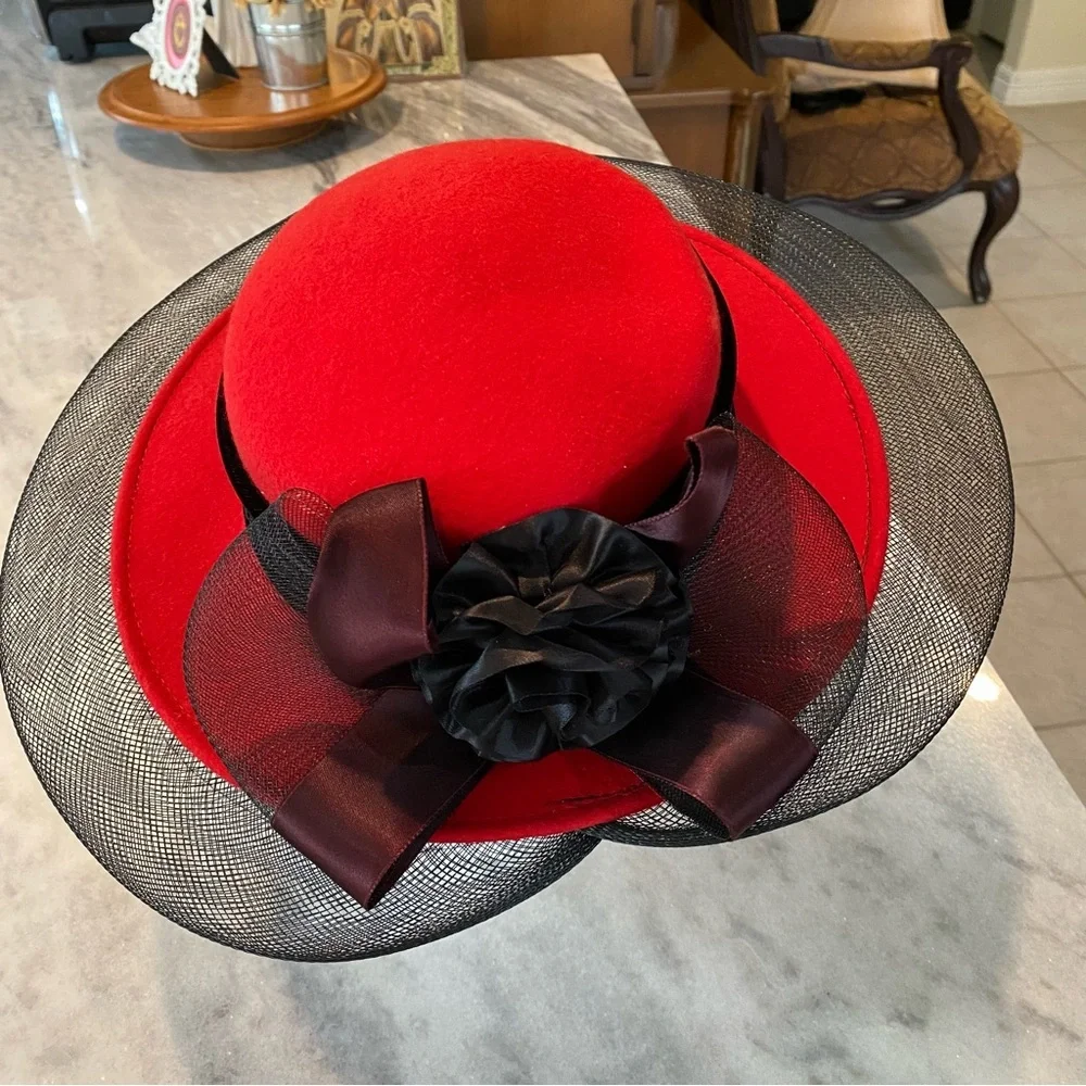 Milan by Charm Floral Mesh Hat Woolen Retro Dress Hat Red Black Mesh Hat